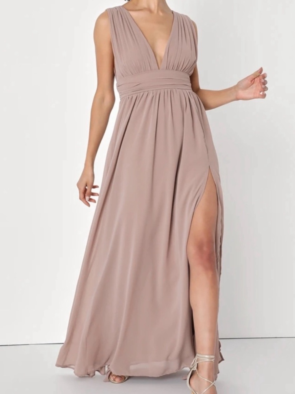 Lulus Sleeveless V-Neck Taupe Pleated Maxi Dress